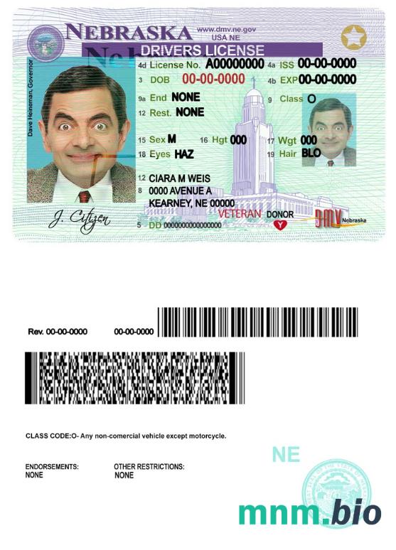 Szablon prawa jazdy USA Nebraska w formacie PSD, ze wszystkimi czcionkami